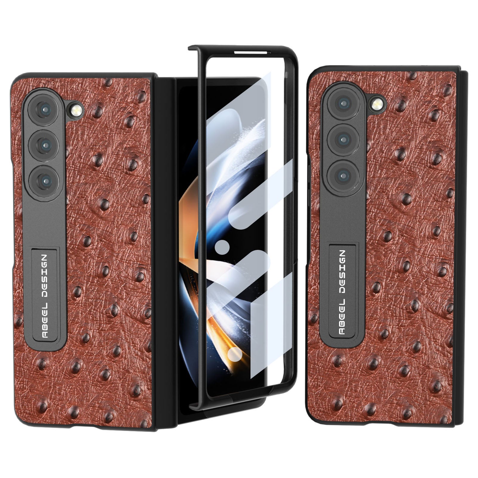 ABEEL For Samsung Galaxy Z Fold5 5G Ostrich Texture Kickstand Cover Genuine Cow Leather PC Phone Case with Front Screen Film ABEEL For Samsung Galaxy Z Fold5 5G Ostrich Texture Kickstand Cover Genuine Cow Leather PC Phone Case with Front Screen Film